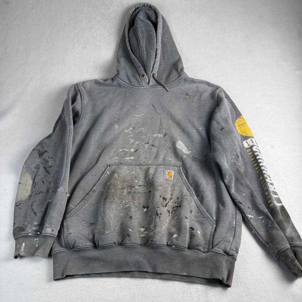 Carhartt Men's Distressed Paint Splatter Graphic Sleeve Hoodie Gray Size Medium